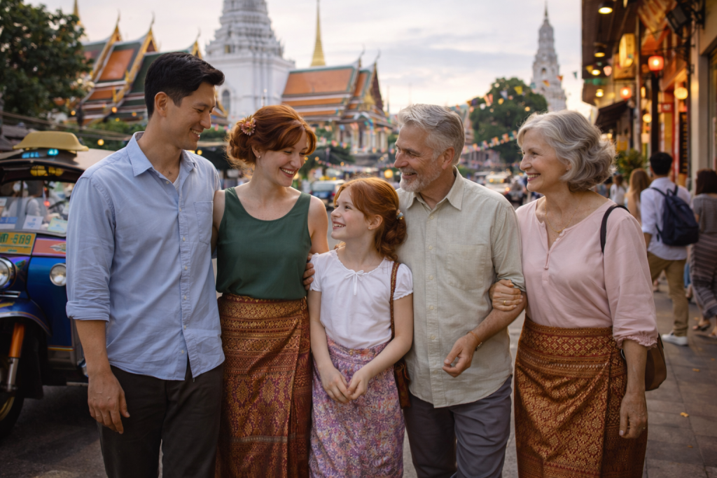 Multi-generational family returning to Thailand together, parents and grandparents standing closely with warm smiles, symbolizing homecoming, family bonds, and a new chapter of life.