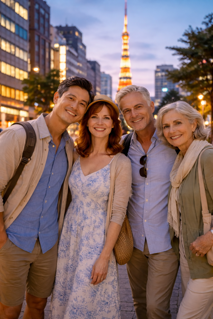 A family of four walking together in Tokyo, Japan, in the morning light, capturing a calm and joyful travel moment across generations.