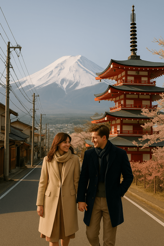 A romantic couple walking hand in hand in Fujiyoshida, Japan, with Mount Fuji, a red pagoda, and cherry blossoms in the background under a clear spring sky.