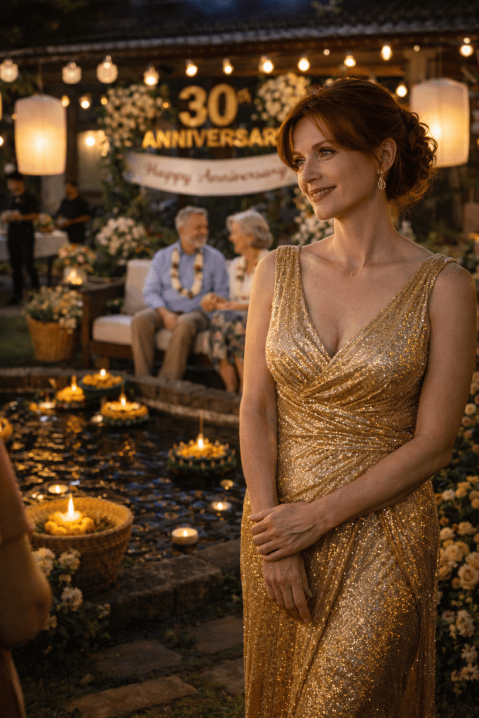 A grandmother gently advises her daughter to wear a golden evening gown for a 30th wedding anniversary celebration at their family home in Thailand