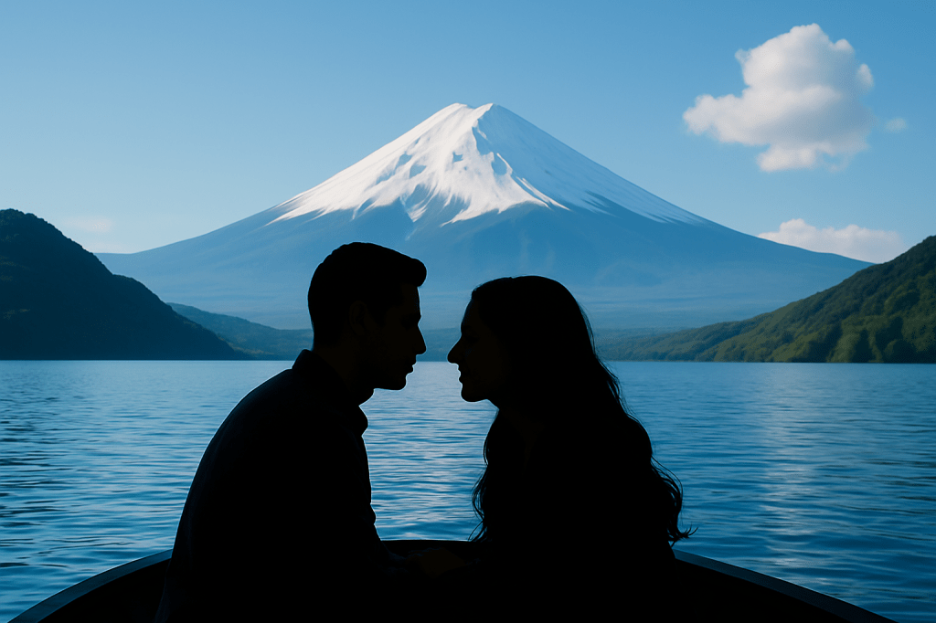 Silhouette of a couple sitting together on a boat, facing each other on a calm lake with snow-capped mountains under a clear blue sky.