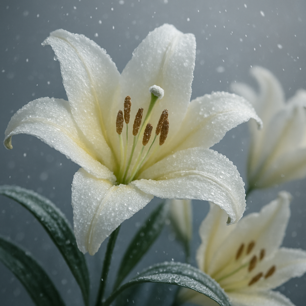 “Close-up of a white-and-cream lily bouquet dusted with frost as soft snow falls against a pale winter background.”