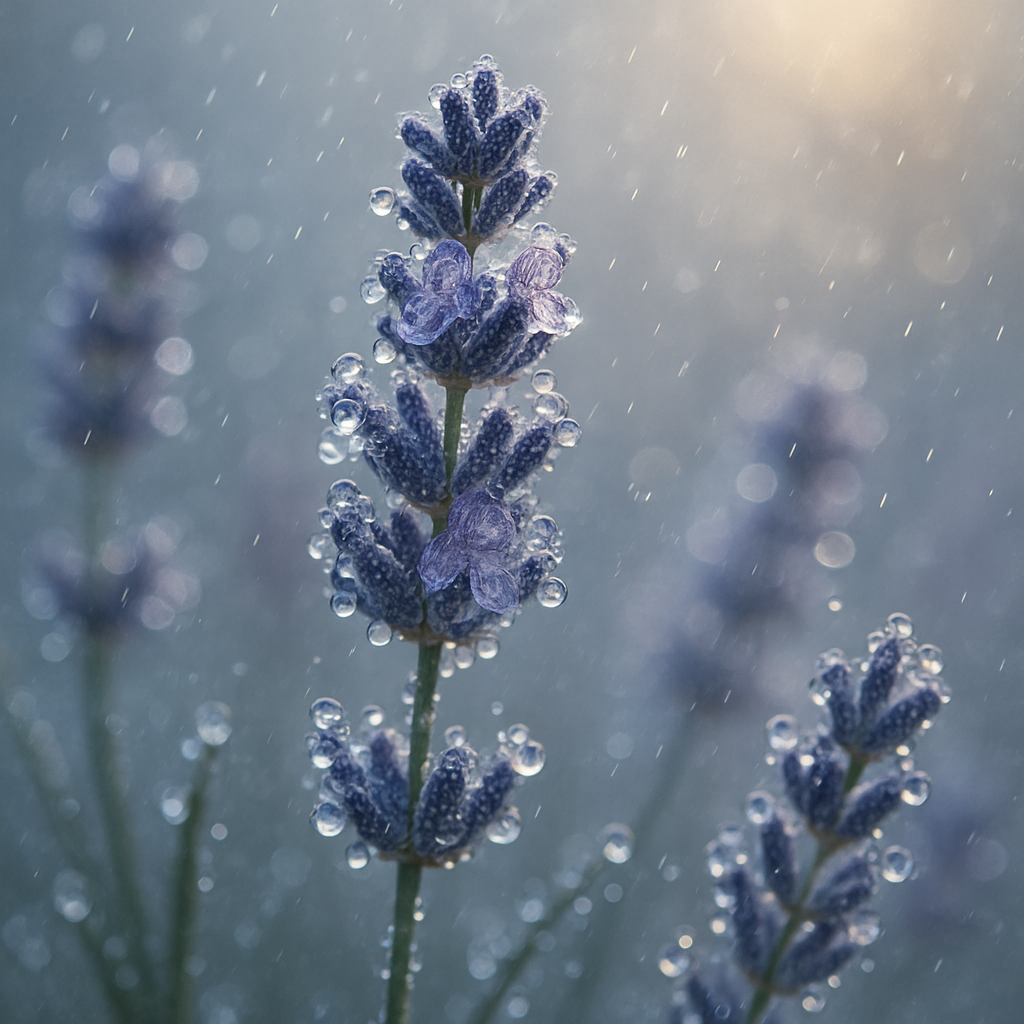 Close-up lavender flowers covered with morning dew and soft mist, in gentle white, silver, and warm golden light, symbolizing calm love and poetic bridal elegance