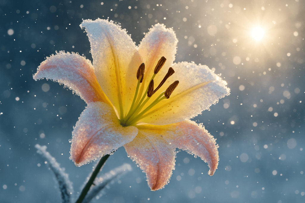 Close-up of a yellow and pink lily with delicate frost crystals, softly illuminated by morning sunlight, symbolizing quiet beauty and cinematic love