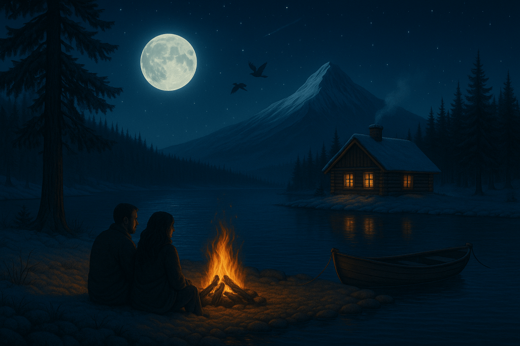 A couple sitting by a gentle campfire on the lakeside at night, with a small boat resting at the dock, a warm cabin glowing softly under a starry winter sky