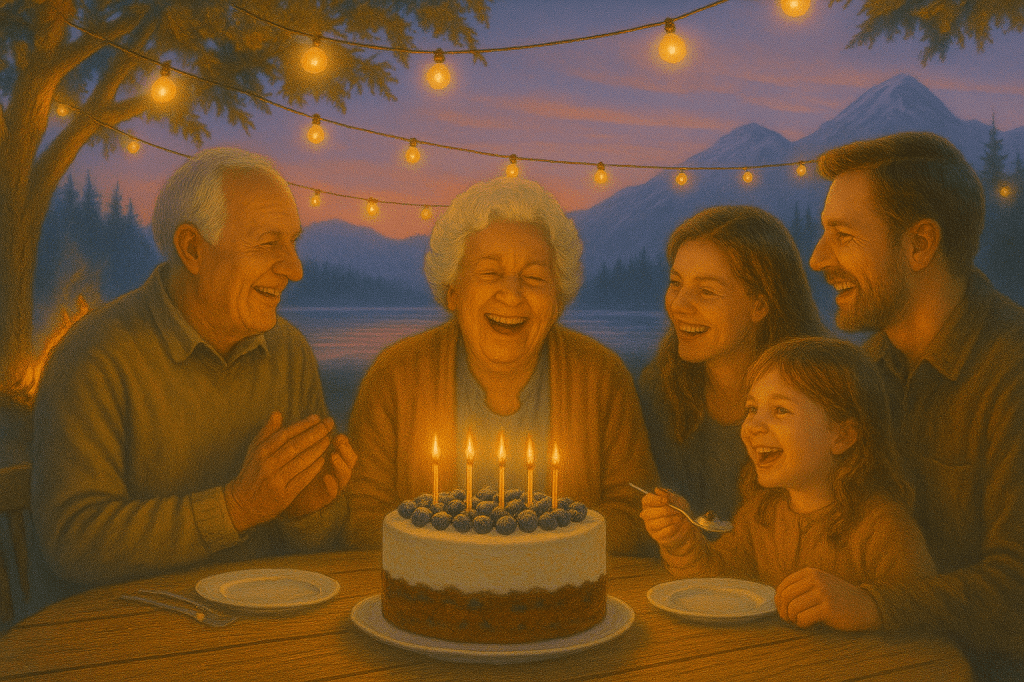 A joyful family birthday celebration at dusk, with grandparents, parents, and children gathered around a blueberry cake under warm lights by a lakeside cabin.