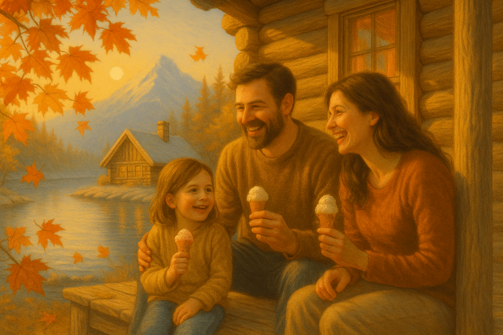 Children enjoying ice cream with their parents outside a cozy winter cabin, surrounded by maple trees and a quiet New Zealand lakeside atmosphere.