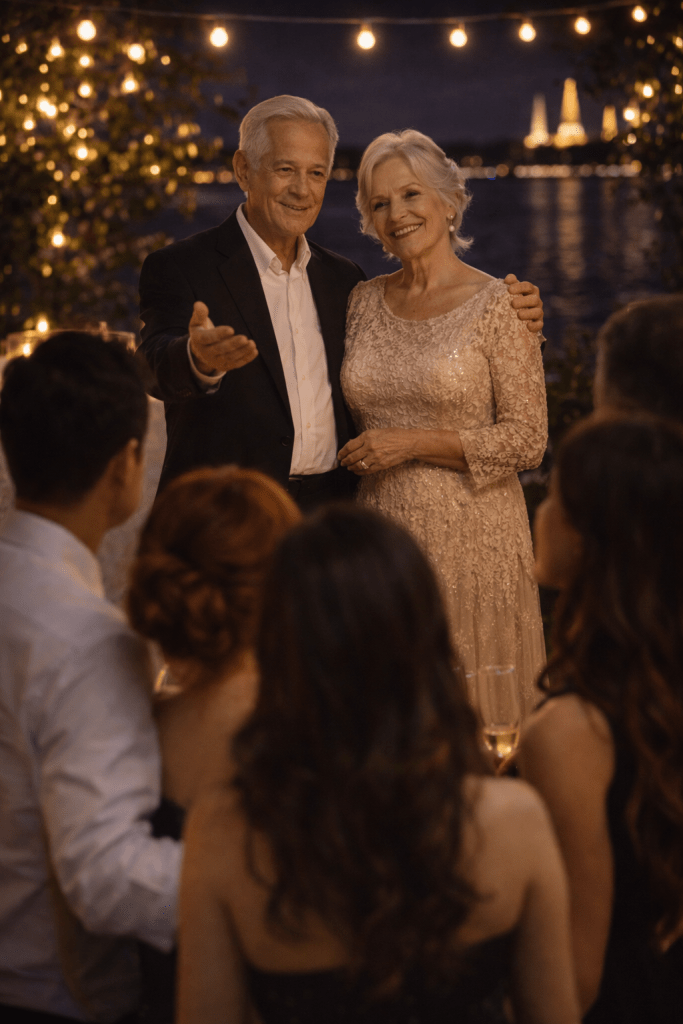 Elderly couple standing together at a 50th wedding anniversary celebration, smiling warmly and offering blessings of love to their family, evening atmosphere with soft golden lights