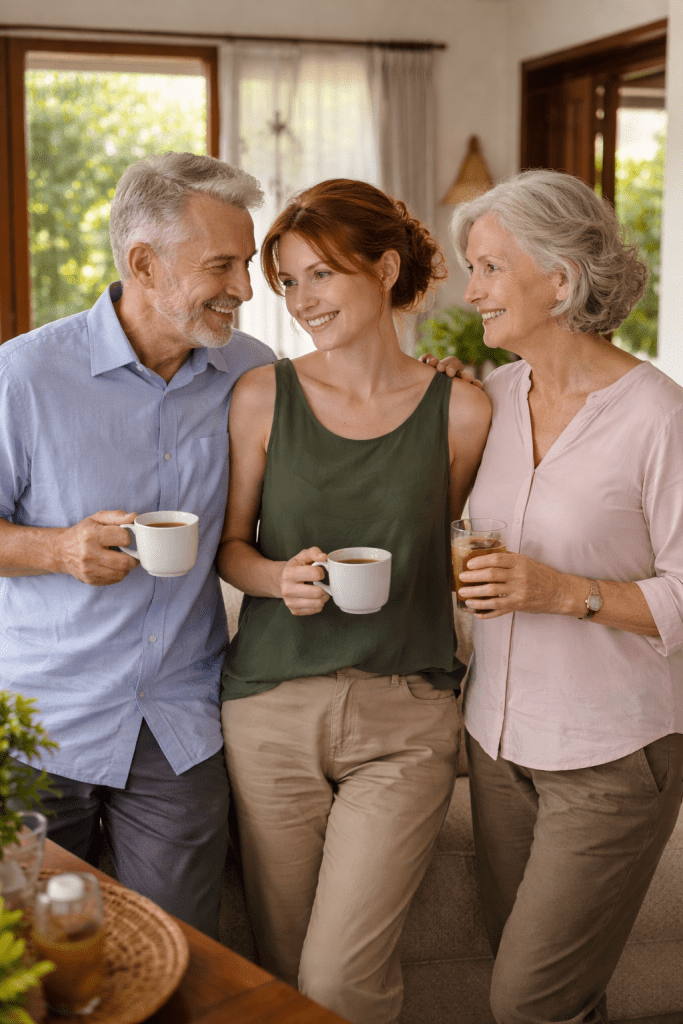 Grandparents and mother spending a quiet evening together at their family home in Thailand, dressed in simple everyday clothing