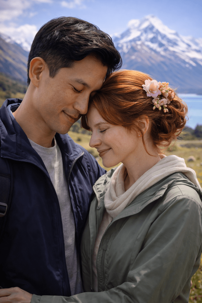 Close-up portrait of Catherine’s parents standing together in New Zealand, sharing a quiet moment outdoors surrounded by natural scenery.