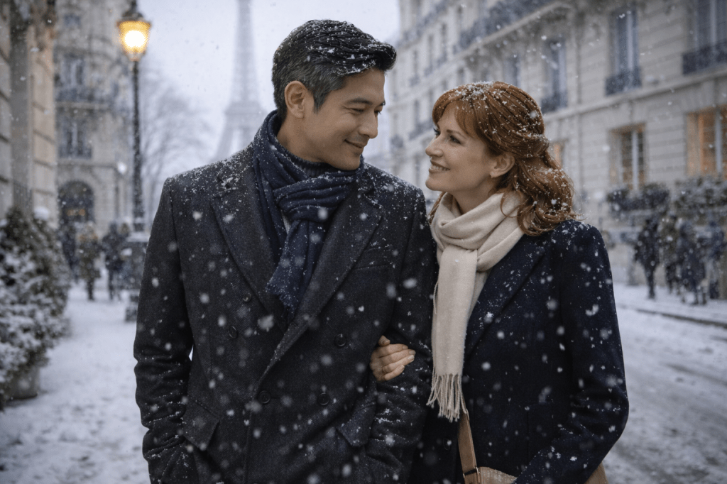 Catherine’s parents walking together in Paris during winter, light snow falling, wearing warm coats, sharing a quiet and intimate moment of love.