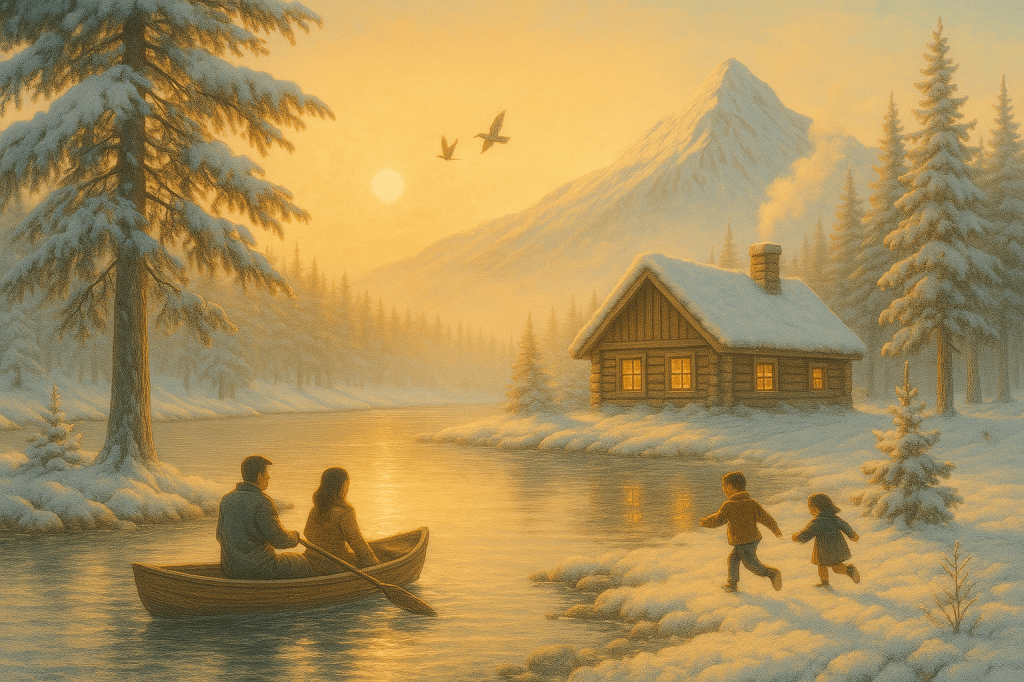 A warm winter morning scene with a family by a lakeside cabin in New Zealand, parents rowing a boat while children run near the snowy home, soft sunlight, pine trees, and gentle smoke rising from the chimney.