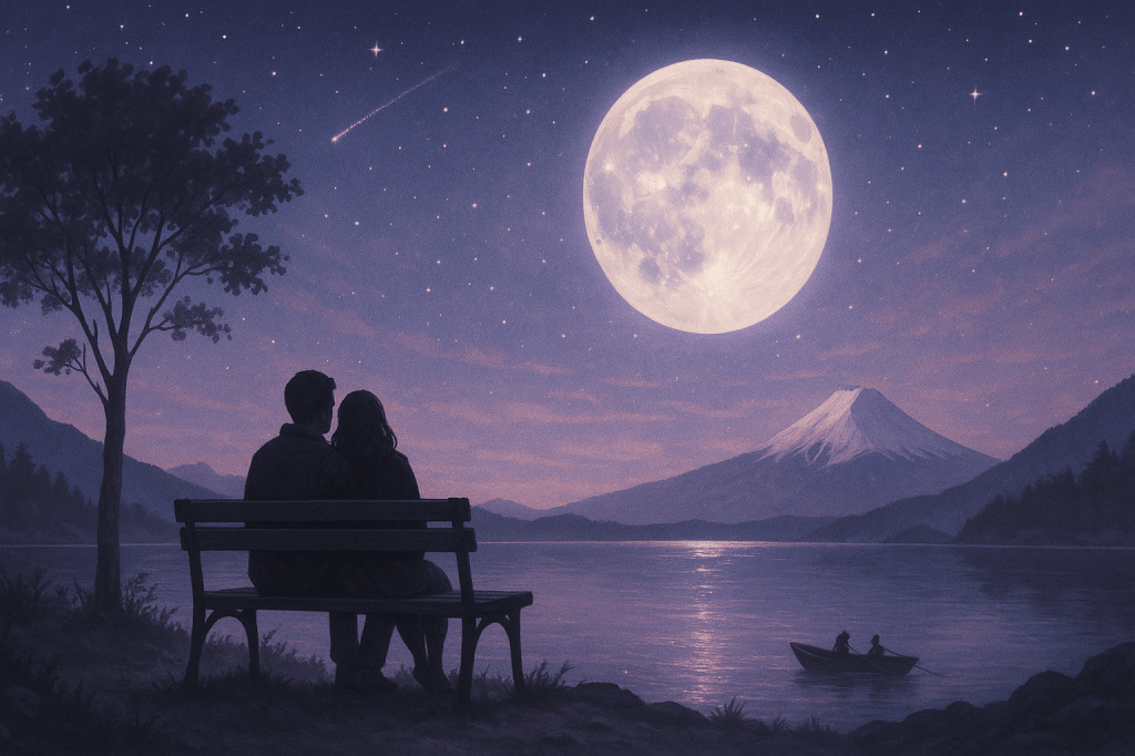 A romantic couple sitting on a bench under soft moonlight, watching the full moon sparkle above a quiet winter lake with distant mountains.