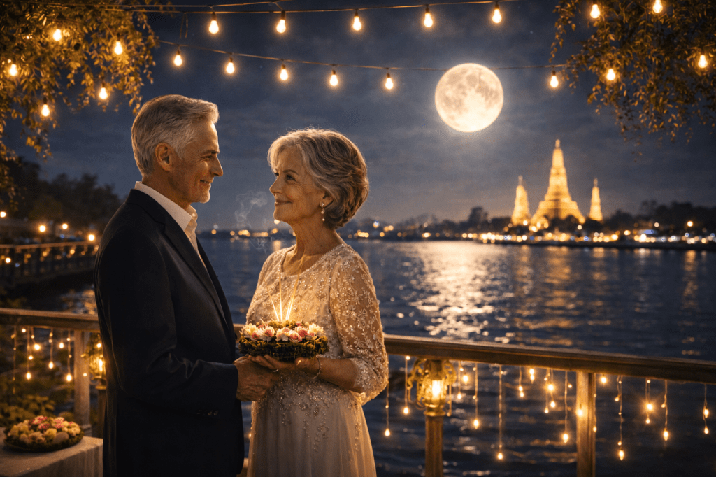 A wide cinematic view of William and Anna, an elderly couple aged 82 and 78, standing together on a riverside terrace under a full moon, surrounded by warm hanging lights, celebrating their wedding anniversary by the Chao Phraya River.