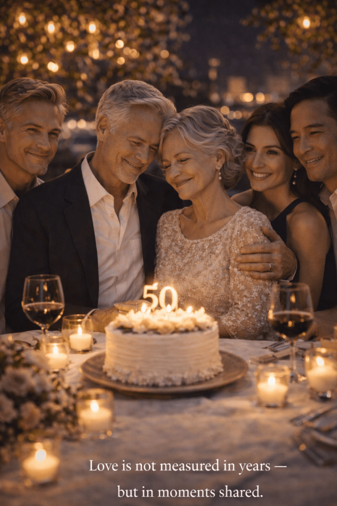 An elderly couple celebrating their 50th wedding anniversary with a cake, surrounded by family at a candlelit outdoor dinner.