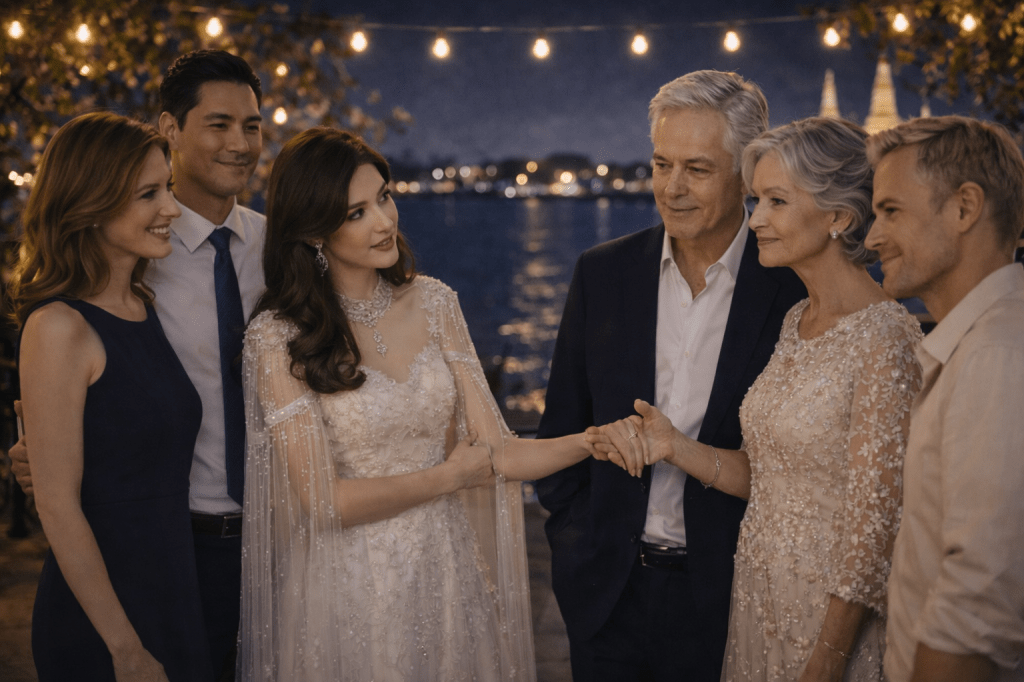 Catherlyn turns to her parents during a nighttime family gathering by the river, asking them about their past as a young couple, surrounded by relatives under warm string lights.