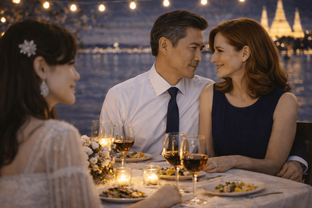 Catherine’s father and mother seated at the dinner table, making gentle eye contact before sharing their love story, with a warm evening celebration atmosphere.