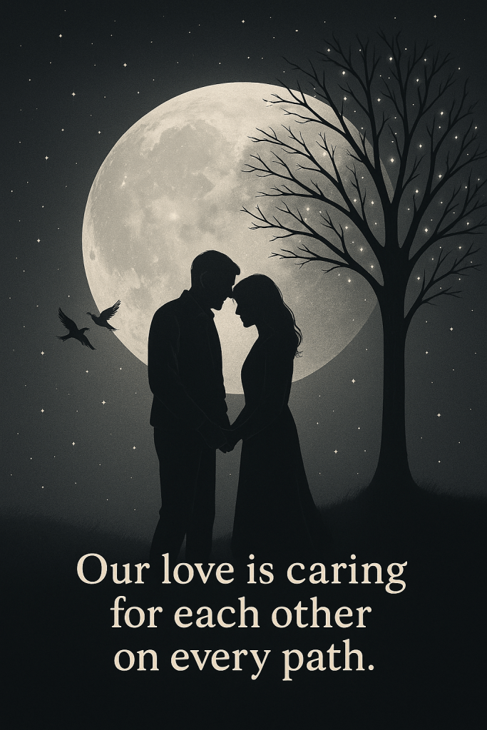 Silhouette of a couple holding hands under a silver full moon beside a quiet tree, with two small birds flying across the night sky.