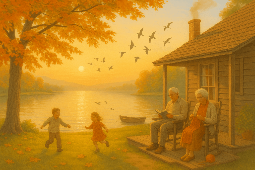 An elderly couple spending a peaceful autumn morning by a lakeside, reading and crocheting in front of their home, with maple trees in warm tones, children playing nearby, birds flying across the sky, and sunlight sparkling on the water.