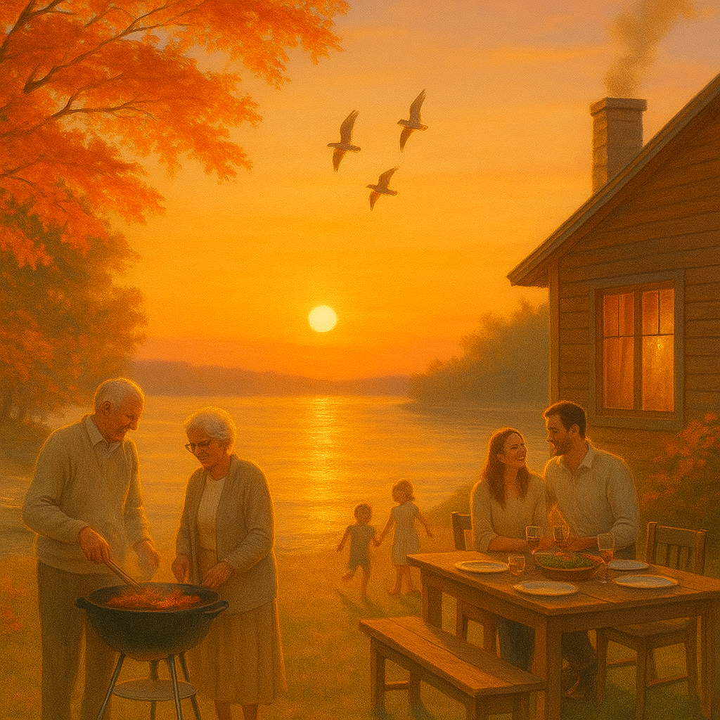 Elderly couple and young family enjoying an outdoor barbecue at sunset, golden amber light reflecting on water, maple trees glowing softly, birds flying home, warm family moments by the lakeside house.