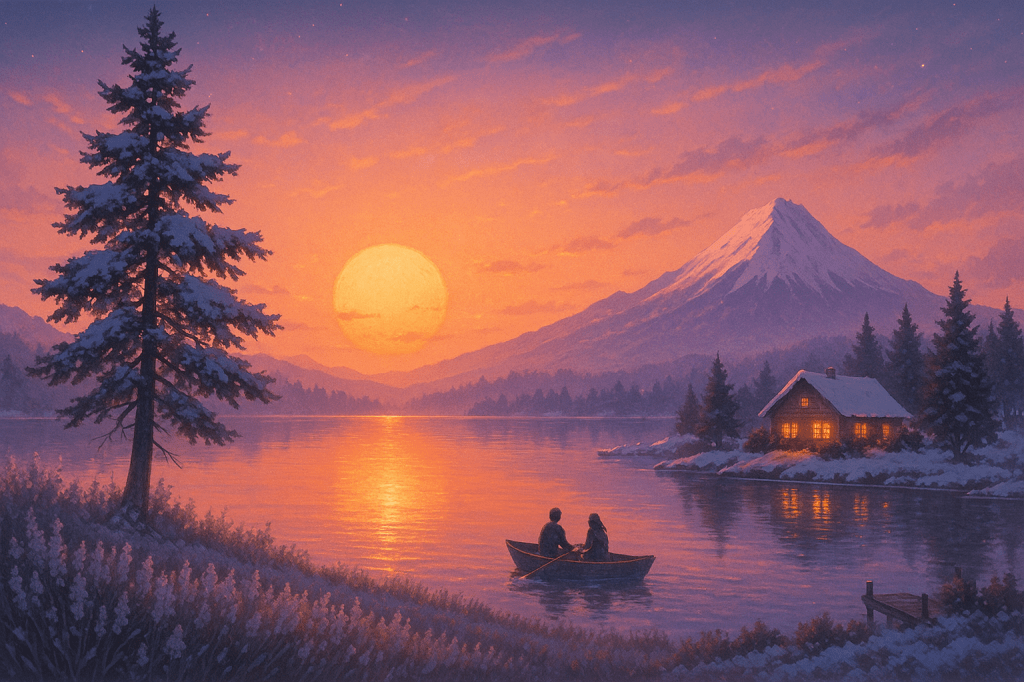 A romantic couple rowing a boat on a calm winter lake at sunset, with warm lights glowing from a small cabin surrounded by snowy trees and distant mountains.