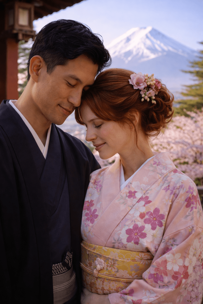 Young couple in traditional kimono praying together at a quiet shrine in Fujiyoshida with Mount Fuji in the background