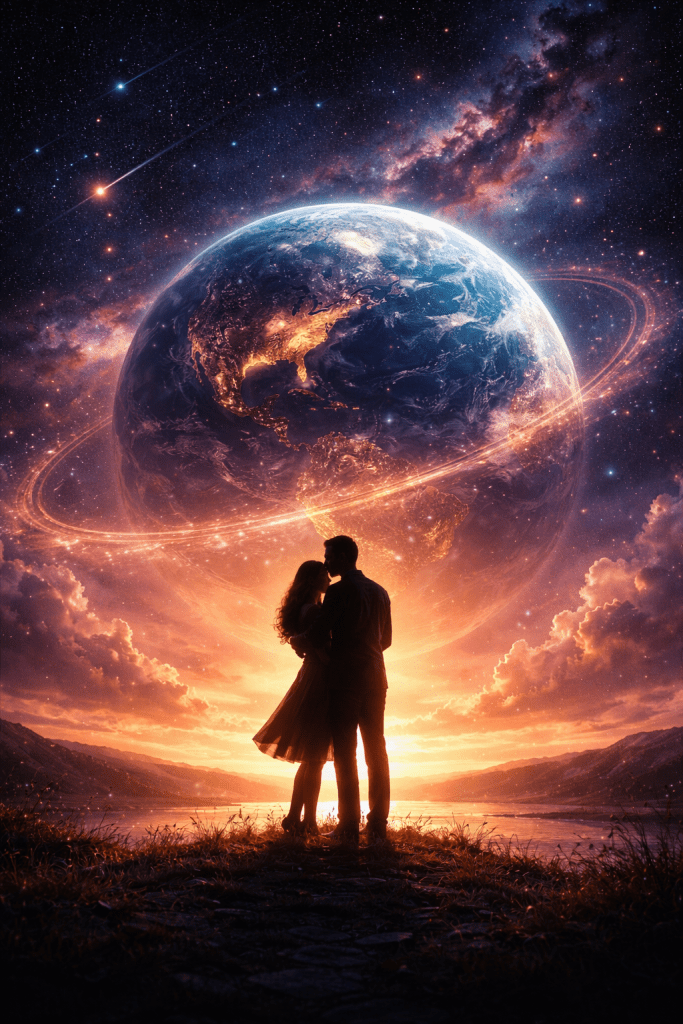 Silhouette of a couple embracing beneath a glowing Earth, surrounded by galaxies and stars, symbolizing love across the world and a lifelong journey together