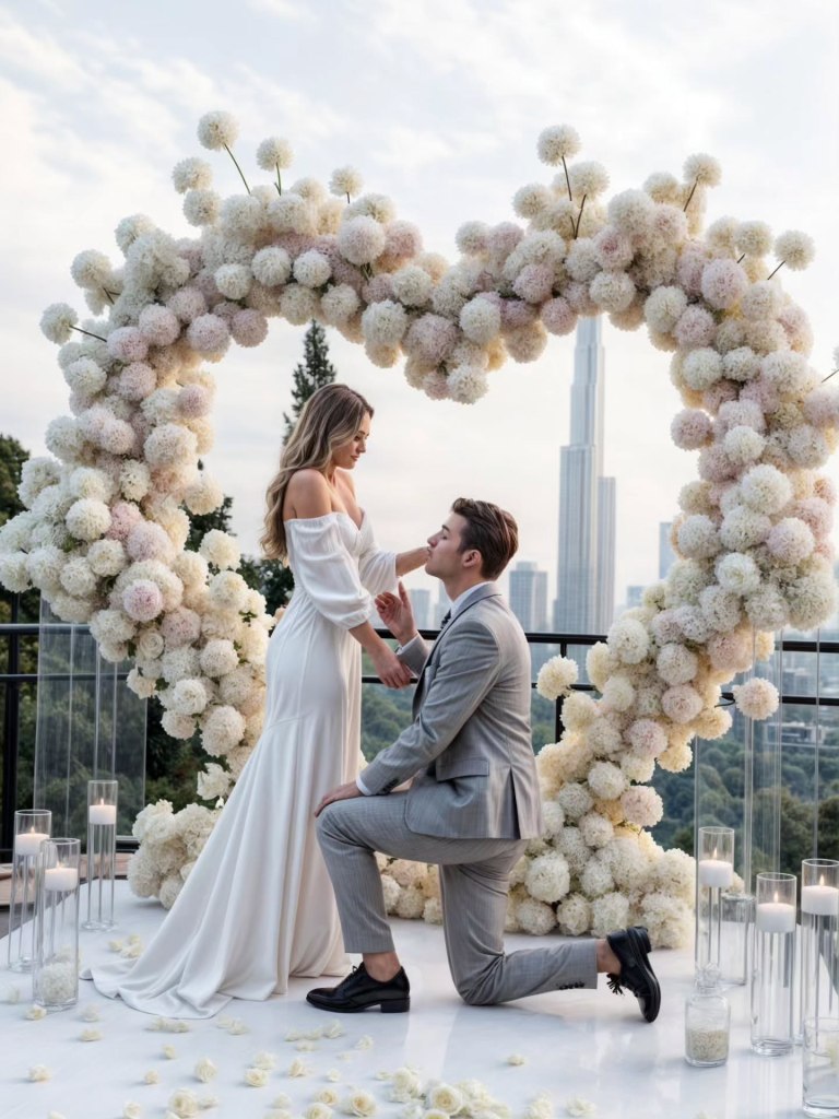 luxury floral proposal under white rose arch with engagement ring and elegant wedding decor