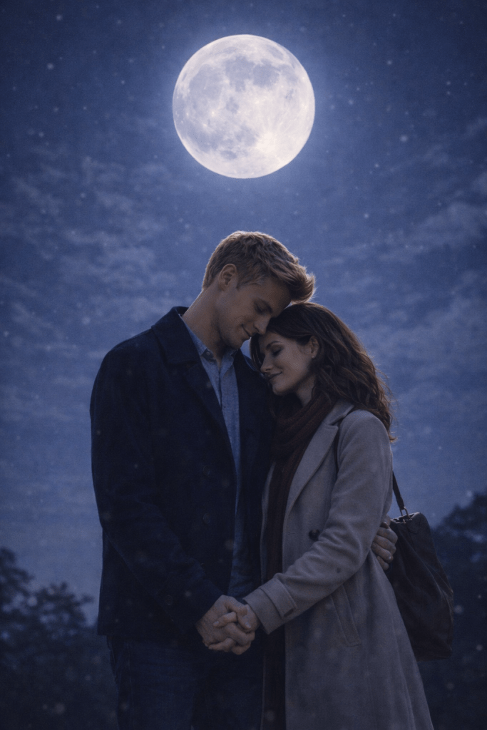 An elderly couple holding hands beneath a full moon, standing close together in a quiet night, symbolizing love that lasts a lifetime