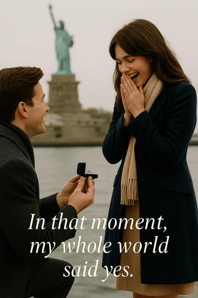 Romantic marriage proposal in New York with the Statue of Liberty in the background, a man kneels with a ring as the woman joyfully accepts the engagement.