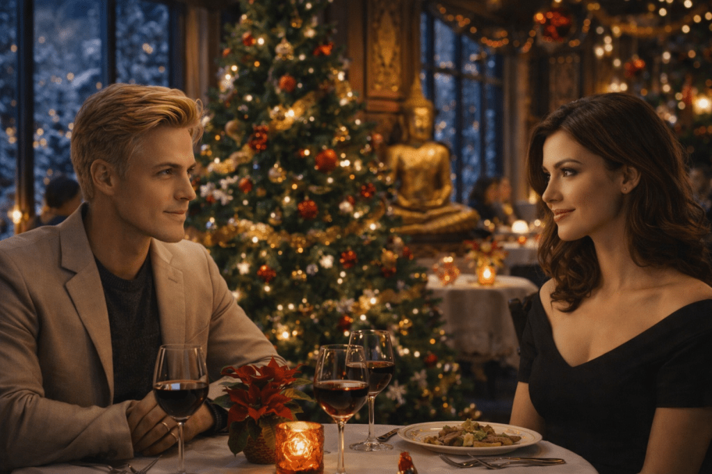 Young William and Anna exchanging a quiet first glance inside a Thai–French restaurant, surrounded by warm Christmas lights and winter evening atmosphere.