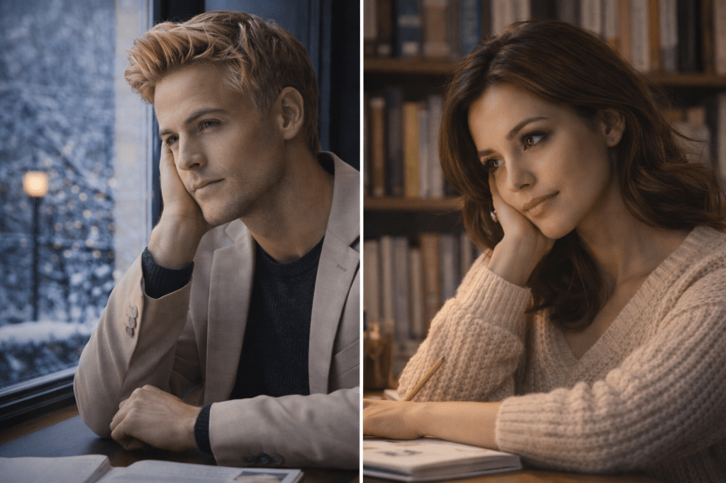 Young grandfather and grandmother after their first meeting, each lost in quiet longing, thinking of one another in separate spaces during a winter evening.