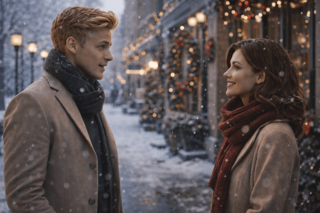 A young man and woman meet again on a snowy winter street, exchanging warm smiles beneath soft holiday lights, symbolizing fate bringing them back together