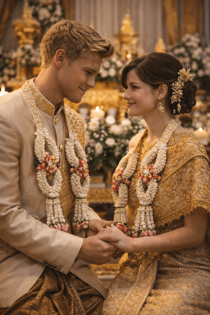 Young couple exchanging floral garlands during a traditional Thai wedding ceremony, symbolizing the early love story of Grandpa William and Grandma Anna