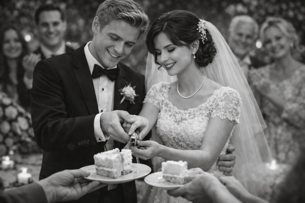 Black and white flashback of a young newlywed couple cutting and sharing their wedding cake with relatives, capturing a timeless memory of love and family celebration.