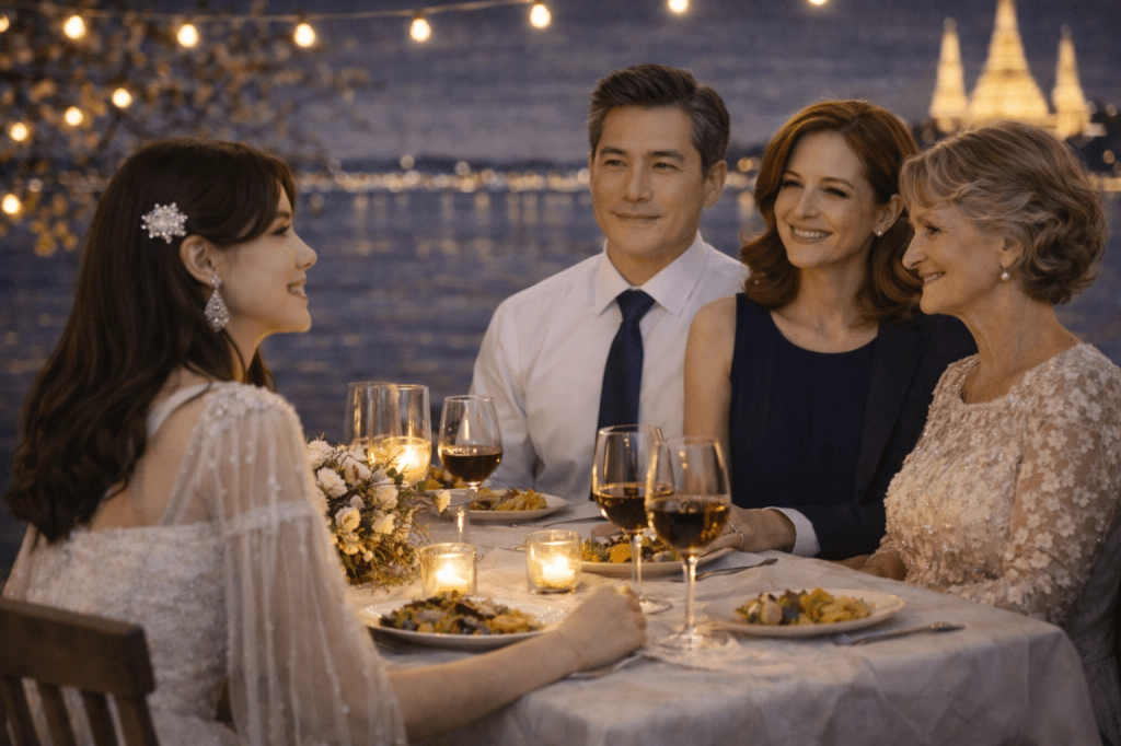 Catherlyn sits at the dinner table with her parents and grandparents during an evening family gathering, turning toward her father and mother to ask about their past love story.
