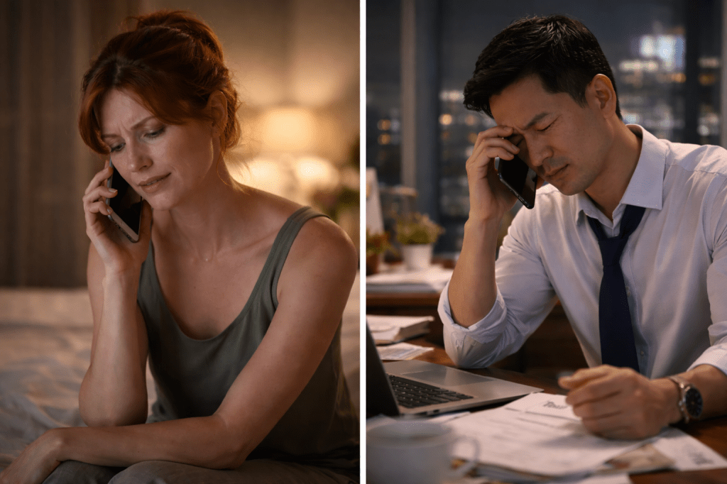 Emotional split-scene of Catherine’s parents on a phone call, the mother listening tearfully at home while the father sits distressed at his office desk, both showing sadness and tension.
