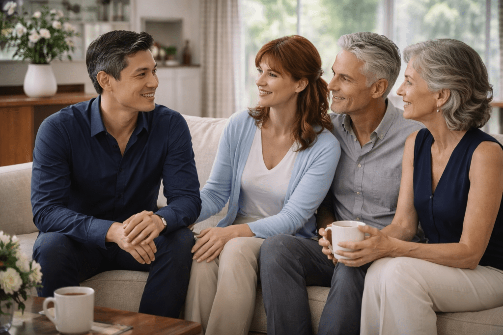 Father visiting Catherine’s grandparents and mother at their home in the United States, a quiet family reunion filled with warmth and unspoken emotions.