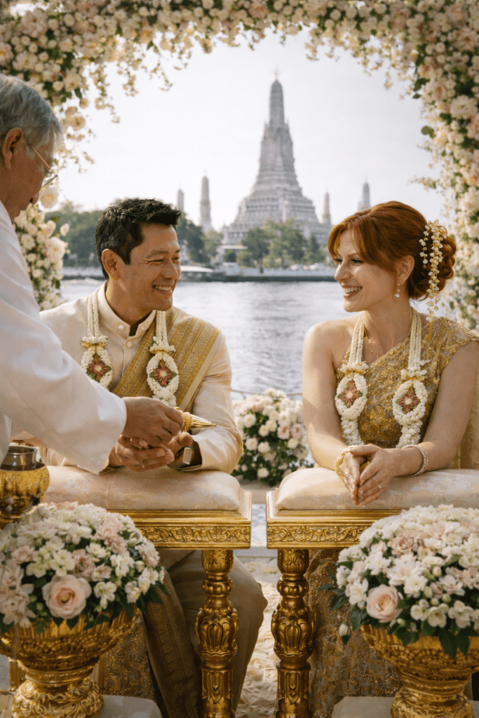 Thai morning wedding ceremony by the Chao Phraya River with Wat Arun in the background, the bride and groom wearing traditional Thai attire