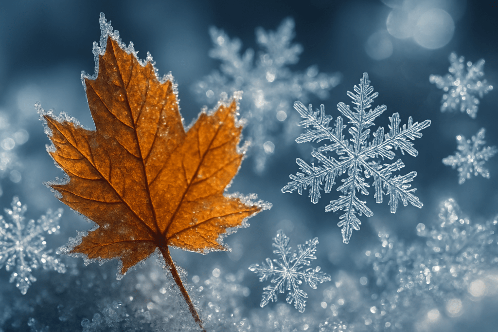 “Frozen maple leaves covered in delicate snow crystals, shimmering like diamonds in soft winter light, symbolizing timeless bridal elegance and quiet luxury.”