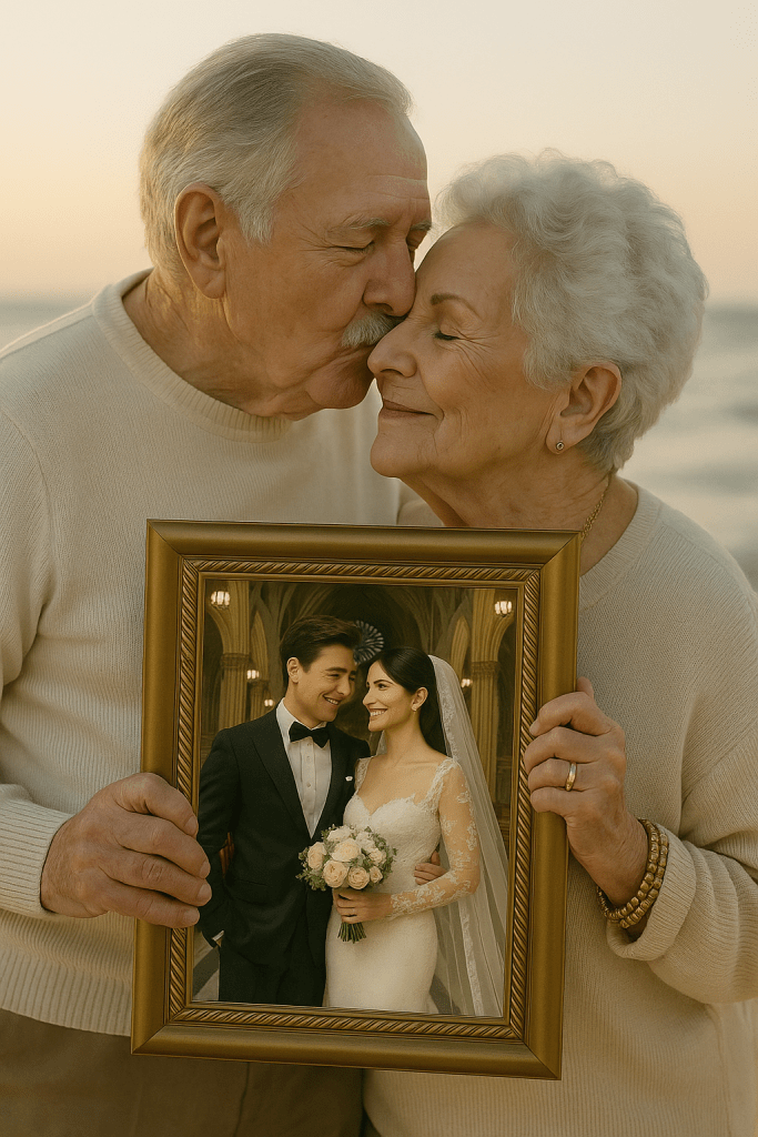 Elderly couple sharing a gentle forehead kiss at sunset while holding their wedding photo from youth, symbolizing lifelong love and commitment