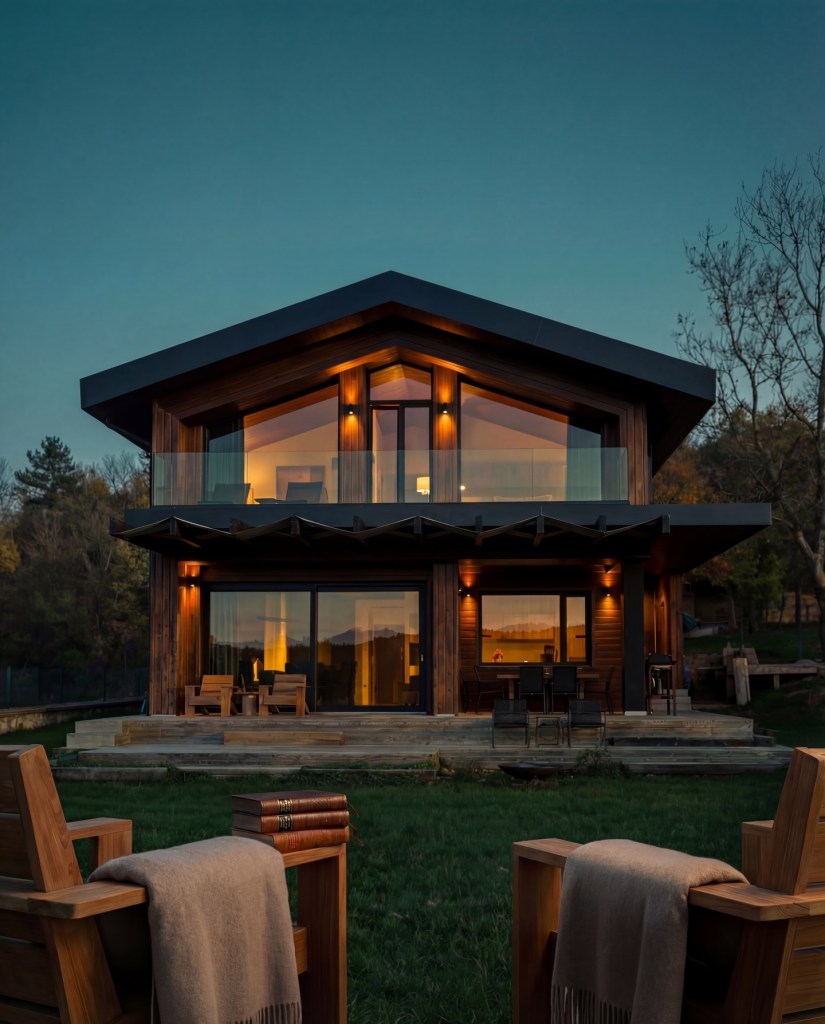 A warm modern home at dusk, symbolizing love finding its final destination as home