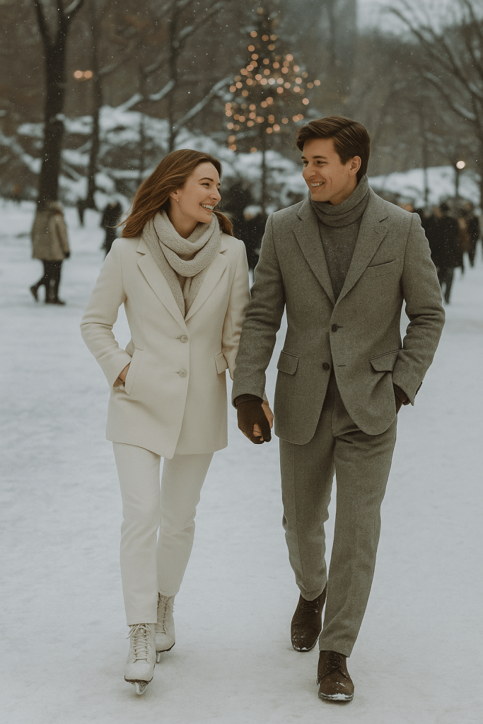 A young romantic couple walking hand in hand in a snowy winter park, smiling warmly at each other under soft falling snow and glowing holiday lights.