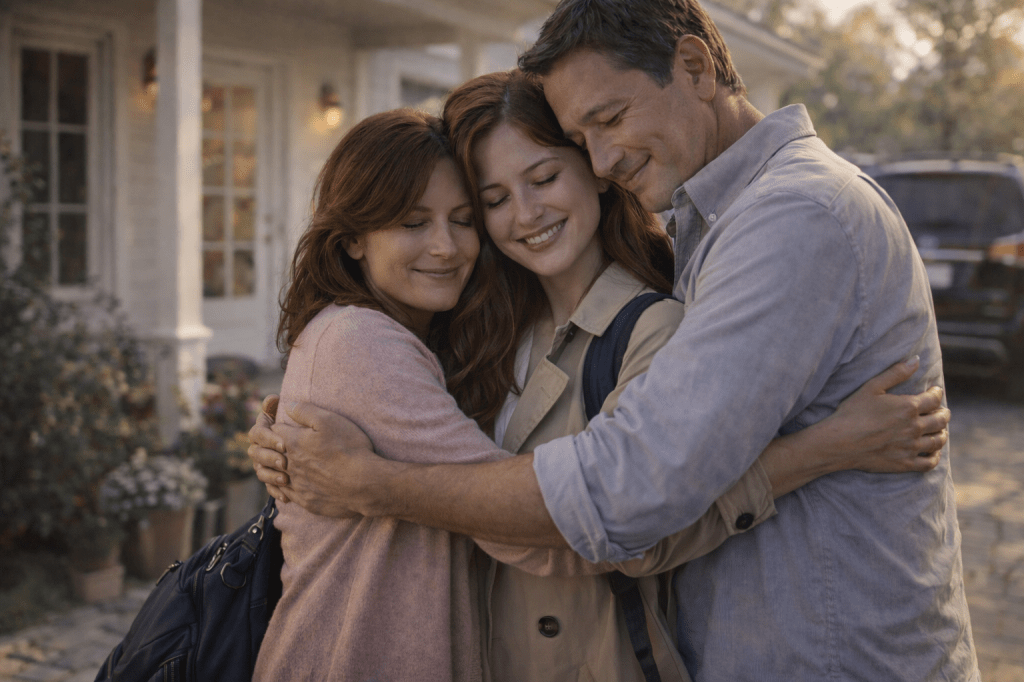 A middle-aged couple gently embracing in warm morning light at home, sharing a quiet moment of family affection.
