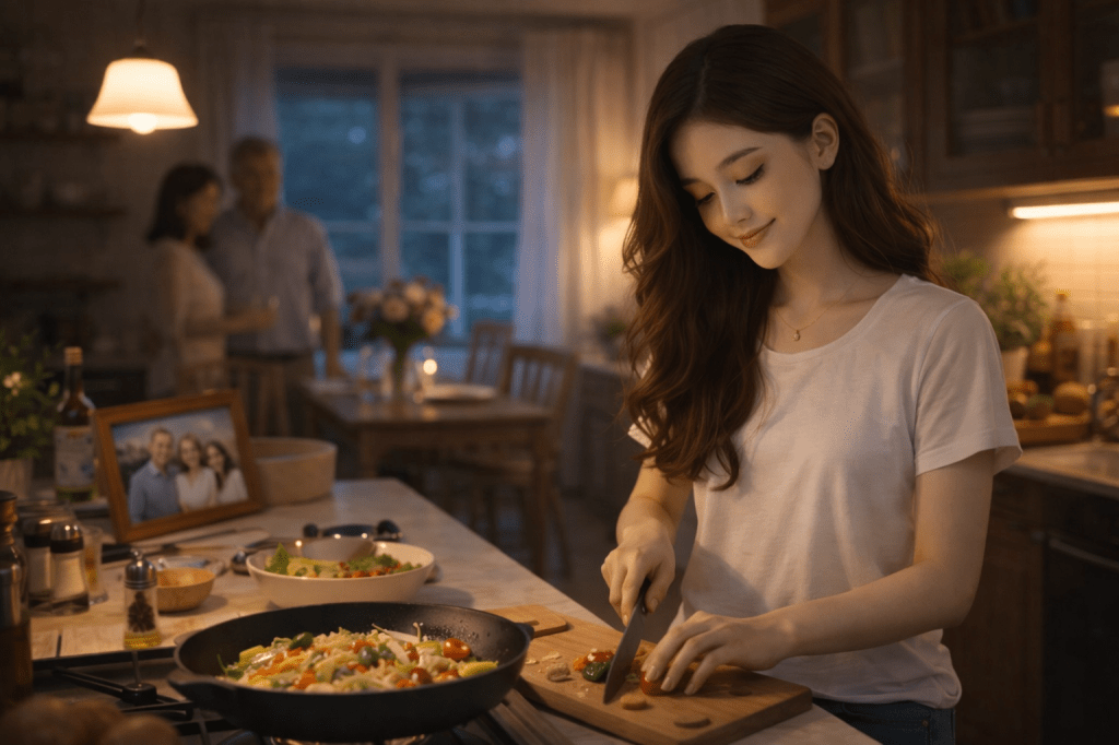 Catherlyn, a 19-year-old young woman, prepares dinner in her family kitchen during the evening, moving gently through daily life as warm light fills the home.
