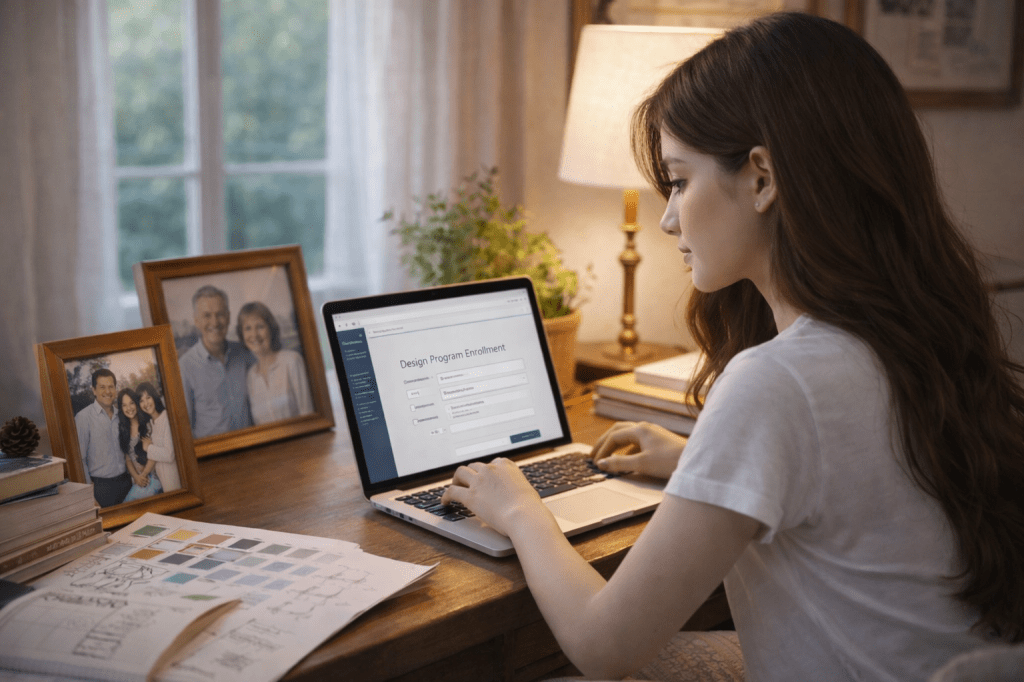 Catherlyne, a 19-year-old young woman, applies for a university design program online at her wooden desk, surrounded by framed family photographs of her grandparents and parents, in soft evening light.
