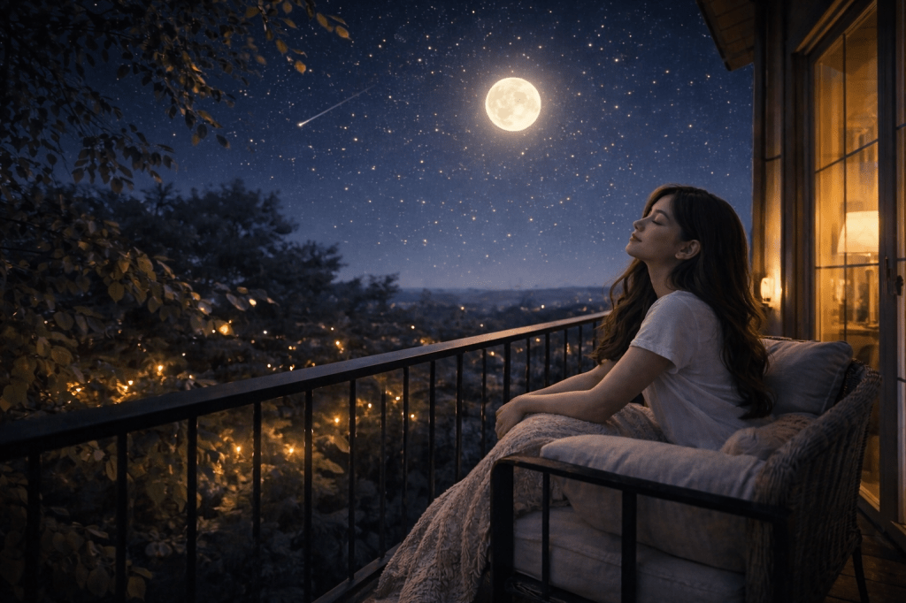 A wide view of Catherlyne, a 19-year-old young woman sitting quietly on her bedroom balcony at night, gazing at a warm full moon as stars sparkle across the sky and leaves move gently in the breeze.