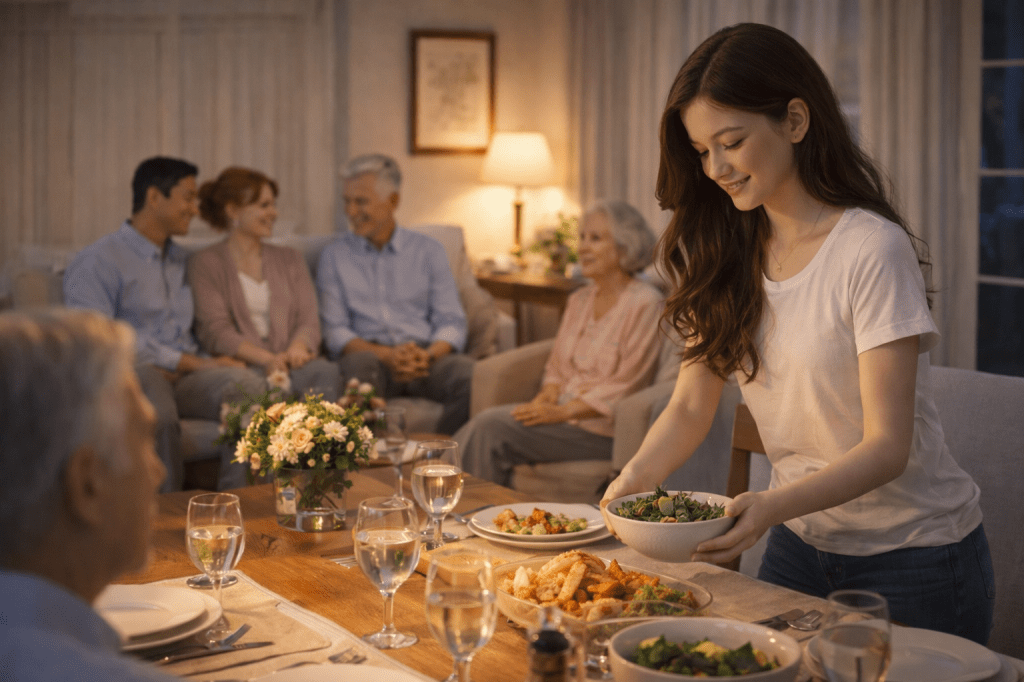 A 19-year-old woman preparing the dinner table while her parents and grandparents sit together in the living room, sharing quiet conversation at home in the evening.