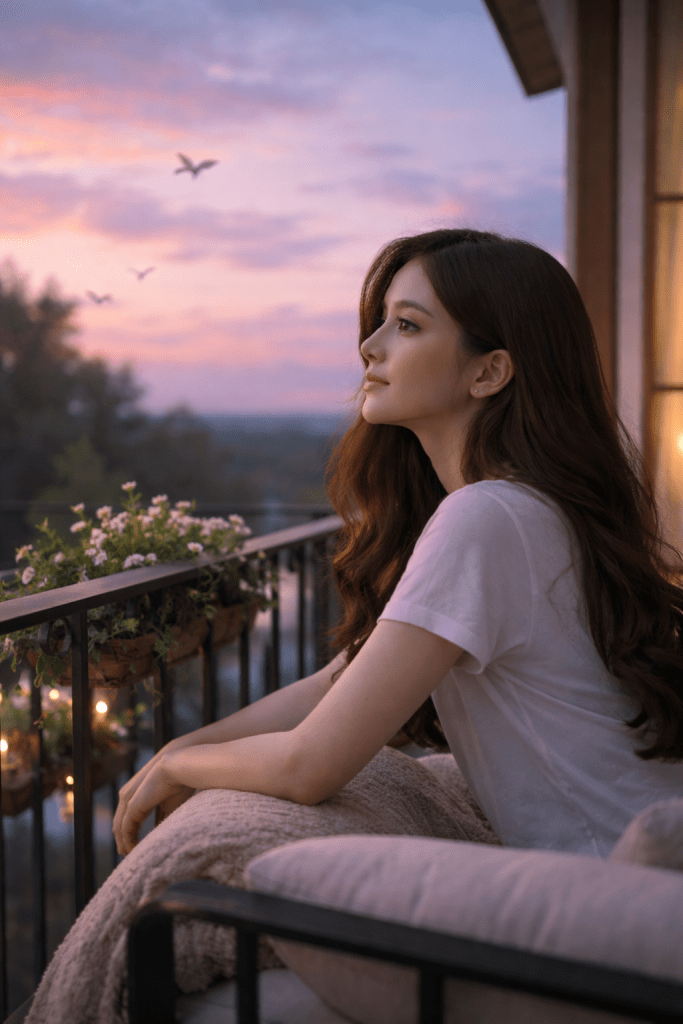 Catherlyne, a 19-year-old young woman, sits quietly on her bedroom balcony at twilight, gazing at the soft pink and blue evening sky as birds and a distant airplane pass through the clouds.
