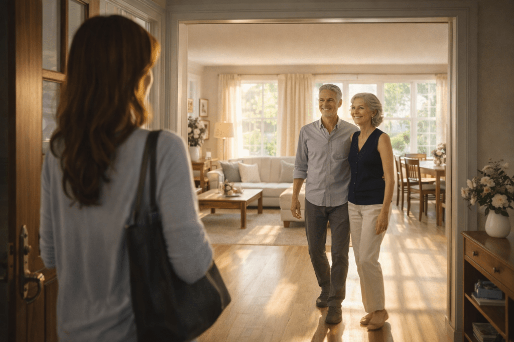 Catherlyne enters her grandparents’ home in New York, greeted warmly as soft morning sunlight fills the living room.